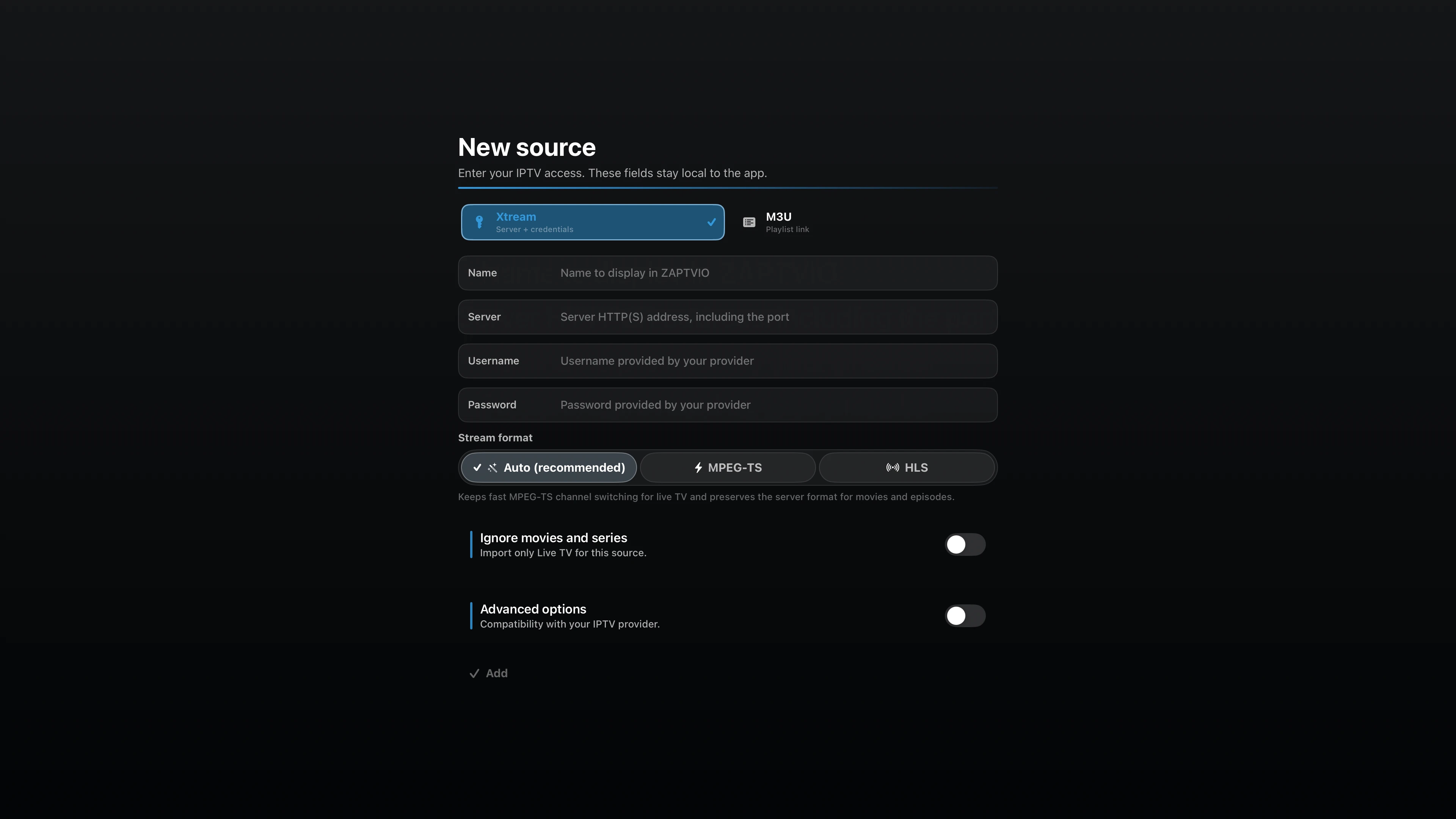 Ajoutez votre accès Xtream depuis l’Apple TV ou l’espace de gestion.