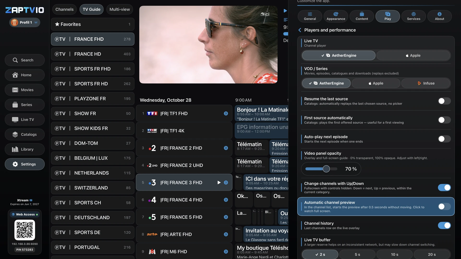 Turn on automatic preview to start a channel after pausing on it for 1.5 seconds in the list. Click to watch full screen.