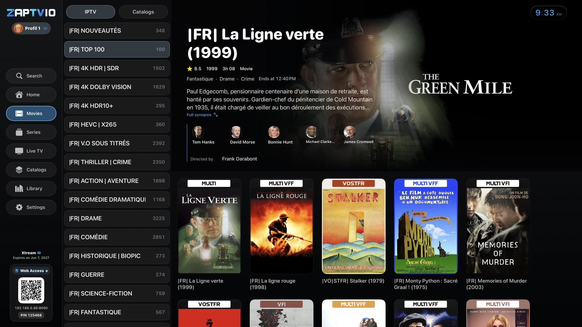 Movies: browse your categories with the synopsis, cast and posters in view.