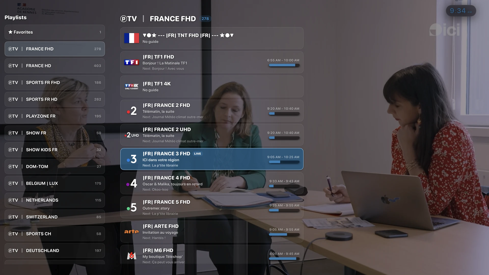 Browse categories and channels in the guide over your video.