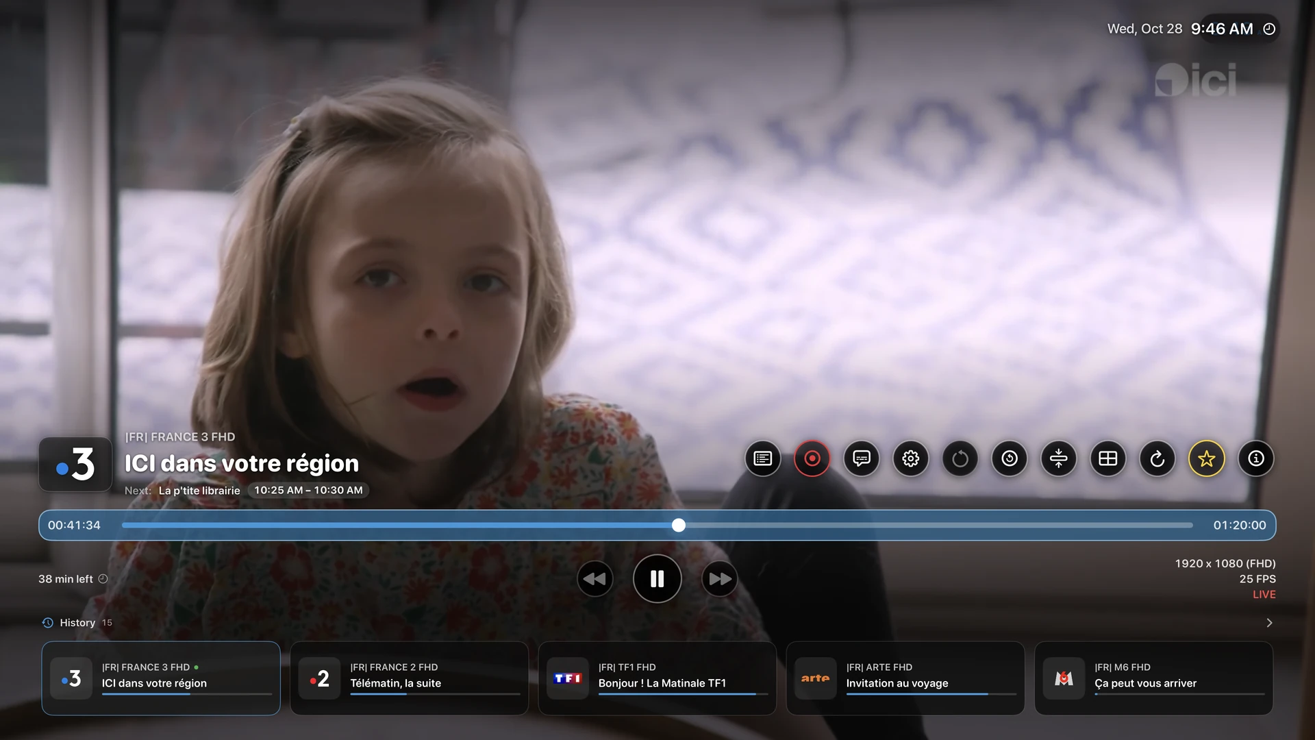 Playback controls and recently watched channels without leaving live TV.